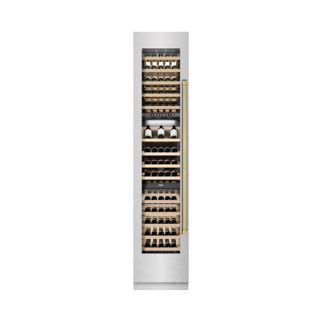ZLINE Autograph Edition 18 in. 9.0 cu. ft. Triple Zone 68 Bottle Left Hinge Column Wine Cooler in Satin Stainless Steel with Champagne Bronze Accents (RCWVLZ-SN-18-CB)
