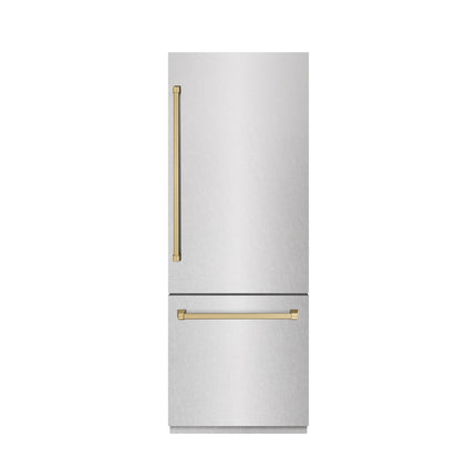 ZLINE Autograph Edition 30 in. 16.1 cu. ft. Built-In Bottom Freezer Refrigerator with Water Dispenser and Ice Maker in Satin Stainless Steel with Graphite Gray Interior and Champagne Bronze Accents (GRBIVZ-SN-30-CB)
