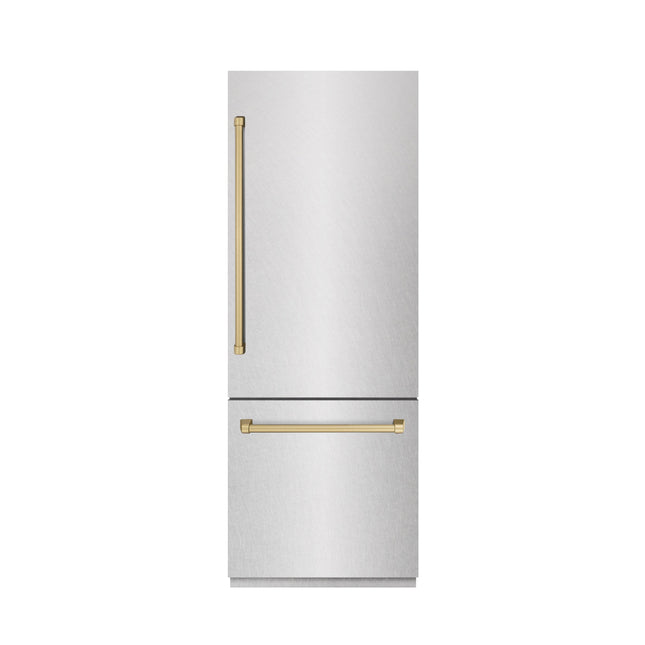 ZLINE Autograph Edition 30 in. 16.1 cu. ft. Built-In Bottom Freezer Refrigerator with Water Dispenser and Ice Maker in Satin Stainless Steel with Graphite Gray Interior and Champagne Bronze Accents (GRBIVZ-SN-30-CB)