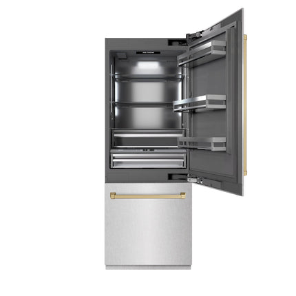 ZLINE Autograph Edition 30 in. 16.1 cu. ft. Built-In Bottom Freezer Refrigerator with Water Dispenser and Ice Maker in Satin Stainless Steel with Graphite Gray Interior and Champagne Bronze Accents (GRBIVZ-SN-30-CB)
