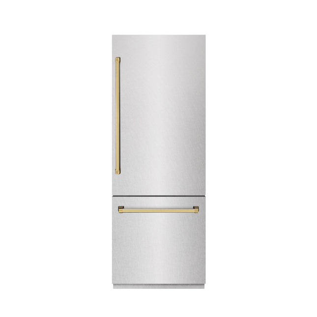 ZLINE Autograph Edition 30 in. 16.1 cu. ft. Built-In Bottom Freezer Refrigerator with Water Dispenser and Ice Maker in Satin Stainless Steel with Graphite Gray Interior and Polished Gold Accents (GRBIVZ-SN-30-G)