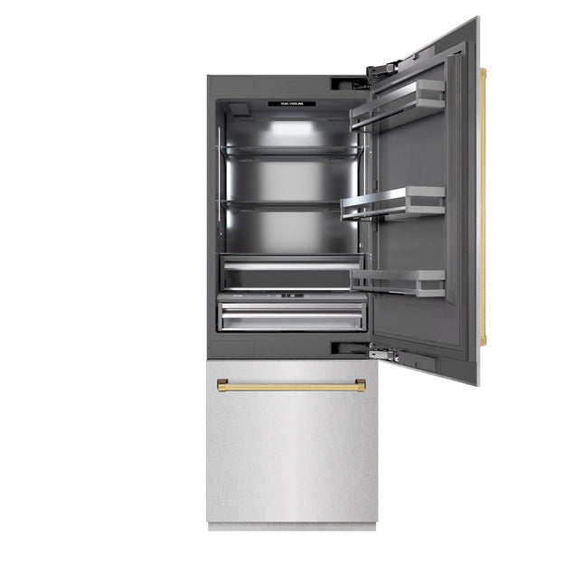 ZLINE Autograph Edition 30 in. 16.1 cu. ft. Built-In Bottom Freezer Refrigerator with Water Dispenser and Ice Maker in Satin Stainless Steel with Graphite Gray Interior and Polished Gold Accents (GRBIVZ-SN-30-G)