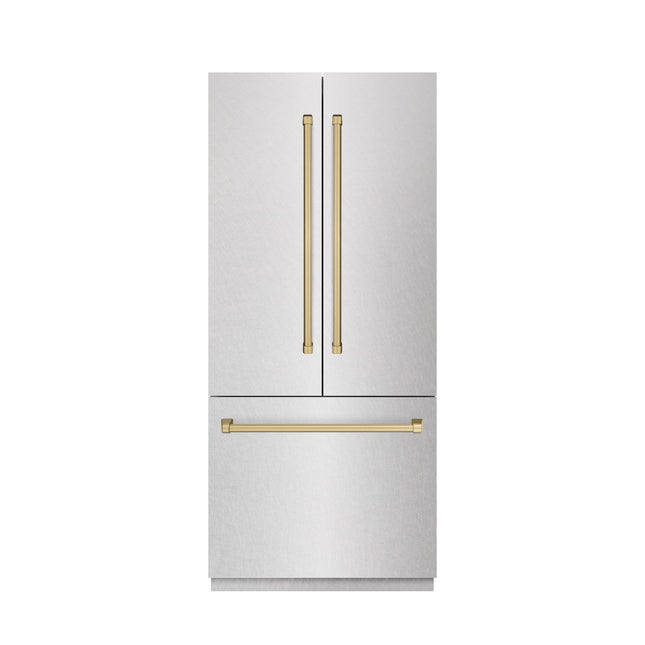 ZLINE Autograph Edition 36 in. 19.6 cu. ft. French Door Built-In Bottom Freezer Refrigerator with Water Dispenser and Ice Maker in Satin Stainless Steel with Graphite Gray Interior and Champagne Bronze Accents (GRBIVZ-SN-36-CB)