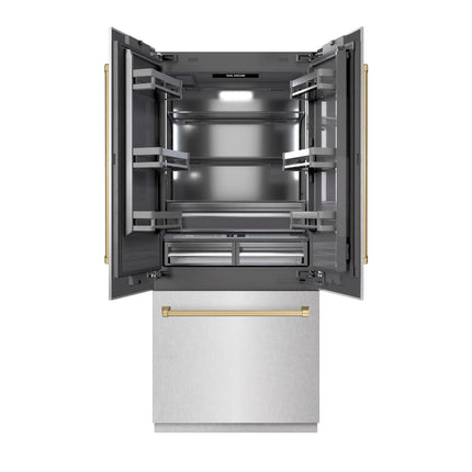 ZLINE Autograph Edition 36 in. 19.6 cu. ft. French Door Built-In Bottom Freezer Refrigerator with Water Dispenser and Ice Maker in Satin Stainless Steel with Graphite Gray Interior and Champagne Bronze Accents (GRBIVZ-SN-36-CB)