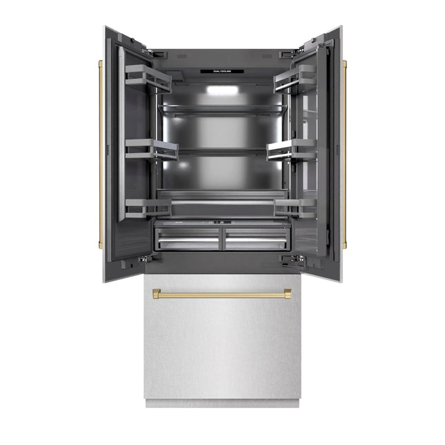 ZLINE Autograph Edition 36 in. 19.6 cu. ft. French Door Built-In Bottom Freezer Refrigerator with Water Dispenser and Ice Maker in Satin Stainless Steel with Graphite Gray Interior and Champagne Bronze Accents (GRBIVZ-SN-36-CB)