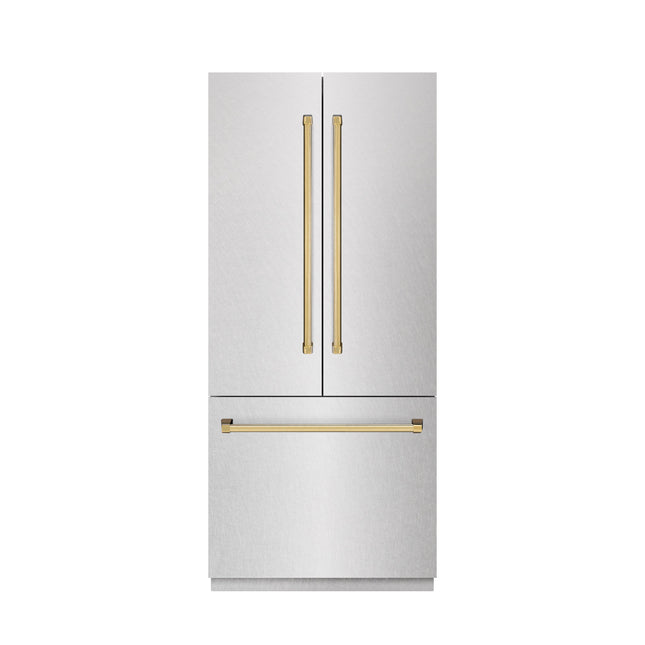 ZLINE Autograph Edition 36 in. 19.6 cu. ft. French Door Built-In Bottom Freezer Refrigerator with Water Dispenser and Ice Maker in Satin Stainless Steel with Graphite Gray Interior and Polished Gold Accents (GRBIVZ-SN-36-G)