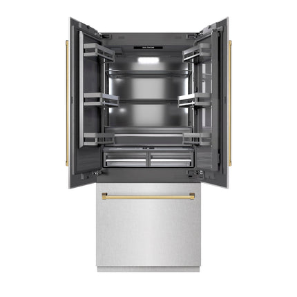 ZLINE Autograph Edition 36 in. 19.6 cu. ft. French Door Built-In Bottom Freezer Refrigerator with Water Dispenser and Ice Maker in Satin Stainless Steel with Graphite Gray Interior and Polished Gold Accents (GRBIVZ-SN-36-G)