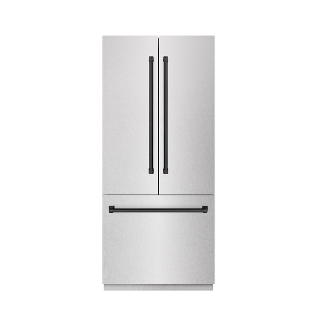 ZLINE Autograph Edition 36 in. 19.6 cu. ft. French Door Built-In Bottom Freezer Refrigerator with Water Dispenser and Ice Maker in Satin Stainless Steel with Graphite Gray Interior and Matte Black Accents (GRBIVZ-SN-36-MB)