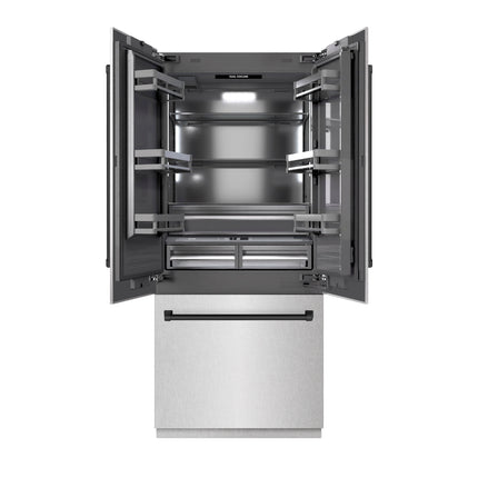 ZLINE Autograph Edition 36 in. 19.6 cu. ft. French Door Built-In Bottom Freezer Refrigerator with Water Dispenser and Ice Maker in Satin Stainless Steel with Graphite Gray Interior and Matte Black Accents (GRBIVZ-SN-36-MB)