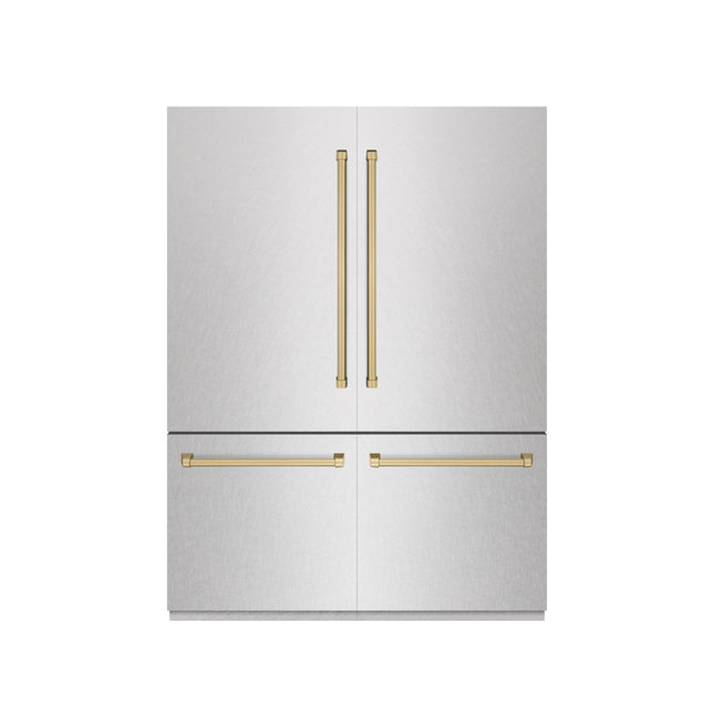 ZLINE Autograph Edition 60 in. 32.2 cu. ft. French Door Built-In Bottom Freezer Refrigerator with Water Dispenser and Ice Maker in Satin Stainless Steel with Graphite Gray Interior and Champagne Bronze Accents (GRBIVZ-SN-60-CB)