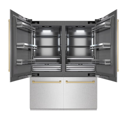 ZLINE Autograph Edition 60 in. 32.2 cu. ft. French Door Built-In Bottom Freezer Refrigerator with Water Dispenser and Ice Maker in Satin Stainless Steel with Graphite Gray Interior and Champagne Bronze Accents (GRBIVZ-SN-60-CB)