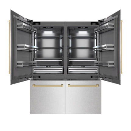 ZLINE Autograph Edition 60 in. 32.2 cu. ft. French Door Built-In Bottom Freezer Refrigerator with Water Dispenser and Ice Maker in Satin Stainless Steel with Graphite Gray Interior and Champagne Bronze Accents (GRBIVZ-SN-60-CB)