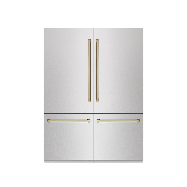 ZLINE Autograph Edition 60 in. 32.2 cu. ft. French Door Built-In Bottom Freezer Refrigerator with Water Dispenser and Ice Maker in Satin Stainless Steel with Graphite Gray Interior and Polished Gold Accents (GRBIVZ-SN-60-G)