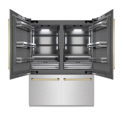 ZLINE Autograph Edition 60 in. 32.2 cu. ft. French Door Built-In Bottom Freezer Refrigerator with Water Dispenser and Ice Maker in Satin Stainless Steel with Graphite Gray Interior and Polished Gold Accents (GRBIVZ-SN-60-G)