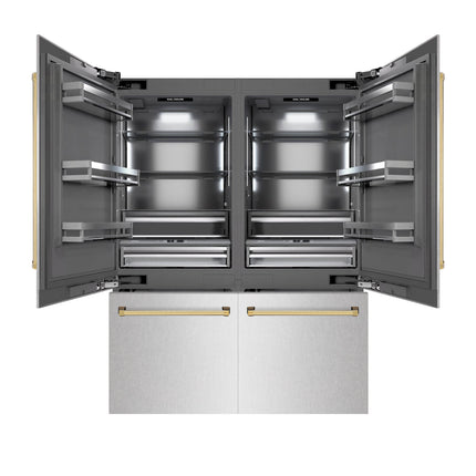 ZLINE Autograph Edition 60 in. 32.2 cu. ft. French Door Built-In Bottom Freezer Refrigerator with Water Dispenser and Ice Maker in Satin Stainless Steel with Graphite Gray Interior and Polished Gold Accents (GRBIVZ-SN-60-G)
