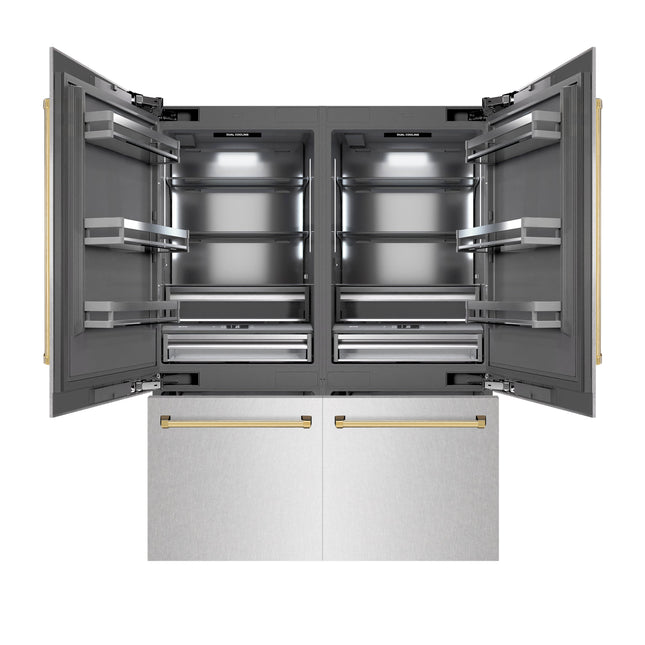 ZLINE Autograph Edition 60 in. 32.2 cu. ft. French Door Built-In Bottom Freezer Refrigerator with Water Dispenser and Ice Maker in Satin Stainless Steel with Graphite Gray Interior and Polished Gold Accents (GRBIVZ-SN-60-G)