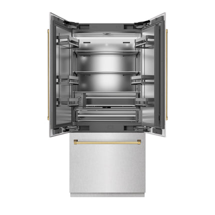 ZLINE Autograph Edition 36 in. 19.6 cu. ft. French Door Built-In Bottom Freezer Refrigerator with Water Dispenser and Ice Maker in Satin Stainless Steel with Stainless Steel Interior and Polished Gold Accents (SRBIVZ-SN-36-G)