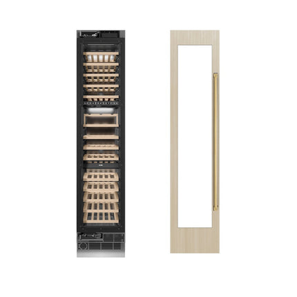 ZLINE Autograph Edition 18 in. 9.0 cu. ft. Triple Zone 68 Bottle Panel Ready Left Hinge Column Wine Cooler with Polished Gold Accents (RBCWVLZ-18-G)