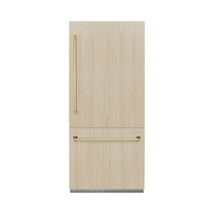 ZLINE Autograph Edition 36 in. 19.8 cu. ft. Panel Ready Built-In Bottom Freezer Refrigerator with Water Dispenser and Ice Maker with Polished Gold Accents (RBITZ-36-G)