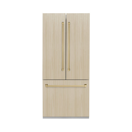 ZLINE Autograph Edition 36 in. 19.6 cu. ft. Panel Ready French Door Built-In Bottom Freezer Refrigerator with Water Dispenser and Ice Maker with Stainless Steel Interior and Champagne Bronze Accents (SRBIVZ-36-CB)
