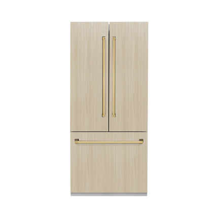 ZLINE Autograph Edition 36 in. 19.6 cu. ft. Panel Ready French Door Built-In Bottom Freezer Refrigerator with Water Dispenser and Ice Maker with Stainless Steel Interior and Polished Gold Accents (SRBIVZ-36-G)
