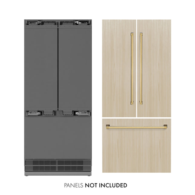 ZLINE Autograph Edition 36 in. 19.6 cu. ft. Panel Ready French Door Built-In Bottom Freezer Refrigerator with Water Dispenser and Ice Maker with Stainless Steel Interior and Polished Gold Accents (SRBIVZ-36-G)