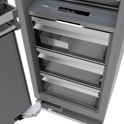 ZLINE Autograph Edition 18 in. 8.6 cu. ft. Left Hinge Column Freezer in Satin Stainless Steel with Graphite Gray Interior and Champagne Bronze Accents (RCFVLZ-SN-18-CB)