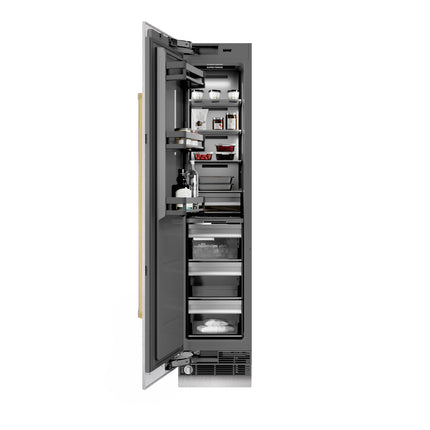 ZLINE Autograph Edition 18 in. 8.6 cu. ft. Left Hinge Column Freezer in Satin Stainless Steel with Graphite Gray Interior and Polished Gold Accents (RCFVLZ-SN-18-G)