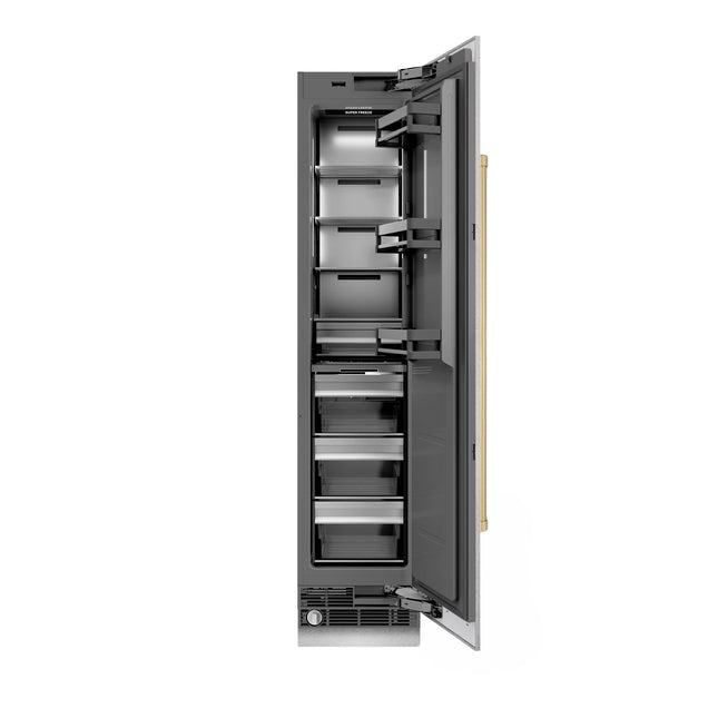 ZLINE Autograph Edition 18 in. 8.6 cu. ft. Right Hinge Column Freezer in Satin Stainless Steel with Graphite Gray Interior and Champagne Bronze Accents (RCFVRZ-SN-18-CB)