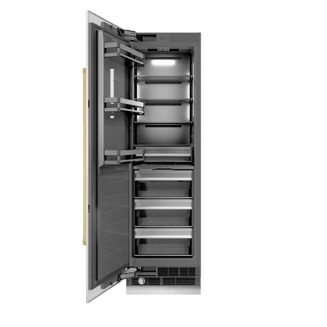ZLINE Autograph Edition 24 in. 12.4 cu. ft. Column Freezer in Satin Stainless Steel with Graphite Gray Interior and Polished Gold Accents (RCFVZ-SN-24-G)