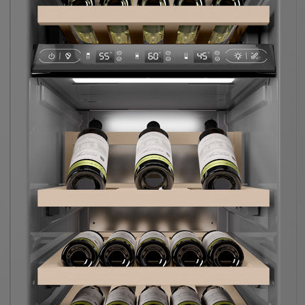 ZLINE Autograph Edition 18 in. 9.0 cu. ft. Triple Zone 68 Bottle Left Hinge Column Wine Cooler in Satin Stainless Steel with Polished Gold Accents (RCWVLZ-SN-18-G)