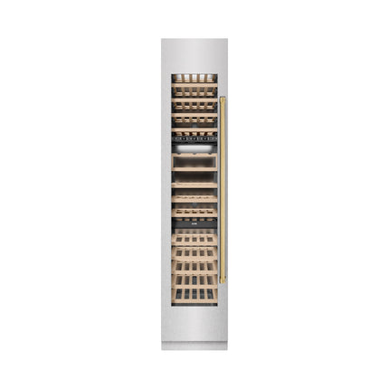 ZLINE Autograph Edition 18 in. 9.0 cu. ft. Triple Zone 68 Bottle Left Hinge Column Wine Cooler in Satin Stainless Steel with Polished Gold Accents (RCWVLZ-SN-18-G)