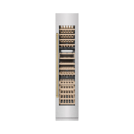 ZLINE Autograph Edition 18 in. 9.0 cu. ft. Triple Zone 68 Bottle Right Hinge Column Wine Cooler in Satin Stainless Steel with Champagne Bronze Accents (RCWVRZ-SN-18-CB)