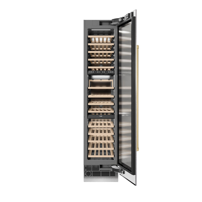 ZLINE Autograph Edition 18 in. 9.0 cu. ft. Triple Zone 68 Bottle Right Hinge Column Wine Cooler in Satin Stainless Steel with Champagne Bronze Accents (RCWVRZ-SN-18-CB)