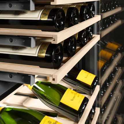 ZLINE Autograph Edition 24 in. 12.4 cu. ft. Triple Zone 100 Bottle Column Wine Cooler in Satin Stainless Steel and Champagne Bronze Accents (RCWVZ-SN-24-CB)