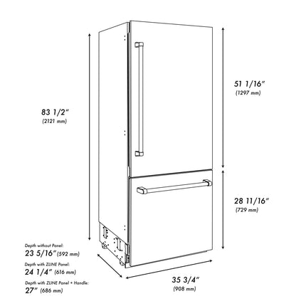ZLINE Autograph Edition 36 in. 19.8 cu. ft. Built-In Bottom Freezer Refrigerator with Water Dispenser and Ice Maker in Satin Stainless Steel with Graphite Gray Interior and Matte Black Accents (GRBITZ-SN-36-MB)