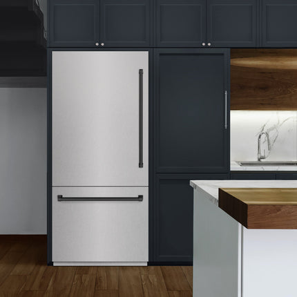 ZLINE Autograph Edition 36 in. 19.8 cu. ft. Built-In Bottom Freezer Refrigerator with Water Dispenser and Ice Maker in Satin Stainless Steel with Graphite Gray Interior and Matte Black Accents (GRBITZ-SN-36-MB)