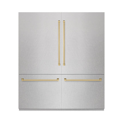 ZLINE Autograph Edition 72 in. 39.6 cu. ft. French Door Built-In Bottom Freezer Refrigerator with Water Dispensers and Ice Makers in Satin Stainless Steel with Graphite Gray Interior and Champagne Bronze Accents (GRBITZ-SN-72-CB)