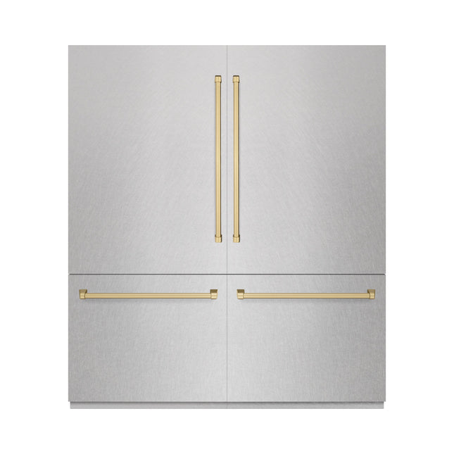 ZLINE Autograph Edition 72 in. 39.6 cu. ft. French Door Built-In Bottom Freezer Refrigerator with Water Dispensers and Ice Makers in Satin Stainless Steel with Graphite Gray Interior and Champagne Bronze Accents (GRBITZ-SN-72-CB)