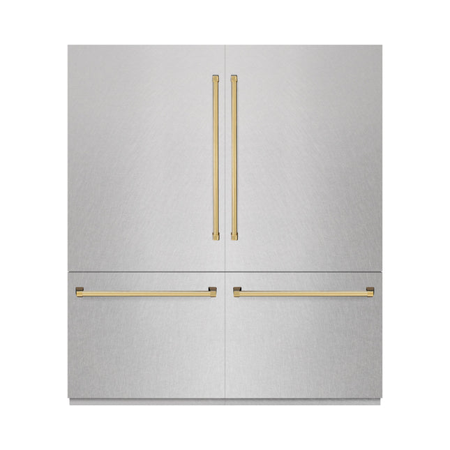 ZLINE Autograph Edition 72 in. 39.6 cu. ft. French Door Built-In Bottom Freezer Refrigerator with Water Dispensers and Ice Makers in Satin Stainless Steel with graphite Gray Interior and Polished Gold Accents (GRBITZ-SN-72-G)