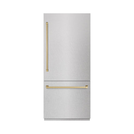 ZLINE Autograph Edition 36 in. 19.8 cu. ft. Built-In Bottom Freezer Refrigerator with Water Dispenser and Ice Maker in Satin Stainless Steel and Champagne Bronze Accents (RBITZ-SN-36-CB)