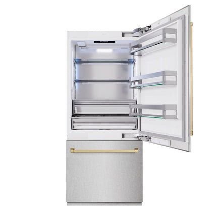 ZLINE Autograph Edition 36 in. 19.8 cu. ft. Built-In Bottom Freezer Refrigerator with Water Dispenser and Ice Maker in Satin Stainless Steel and Champagne Bronze Accents (RBITZ-SN-36-CB)
