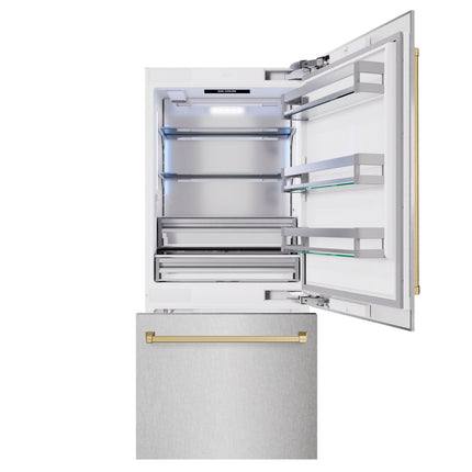 ZLINE Autograph Edition 36 in. 19.8 cu. ft. Built-In Bottom Freezer Refrigerator with Water Dispenser and Ice Maker in Satin Stainless Steel and Champagne Bronze Accents (RBITZ-SN-36-CB)