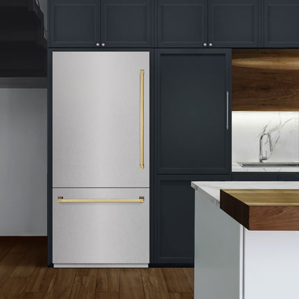 ZLINE Autograph Edition 36 in. 19.8 cu. ft. Built-In Bottom Freezer Refrigerator with Water Dispenser and Ice Maker in Satin Stainless Steel and Polished Gold Accents (RBITZ-SN-36-G)
