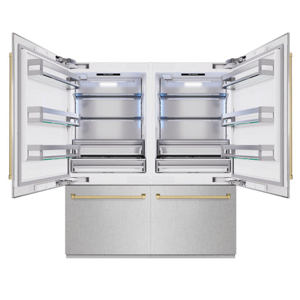 ZLINE Autograph Edition 72 in. 39.6 cu. ft. French Door Built-In Bottom Freezer Refrigerator with Water Dispensers and Ice Makers in Satin Stainless Steel and Champagne Bronze Accents (RBITZ-SN-72-CB)