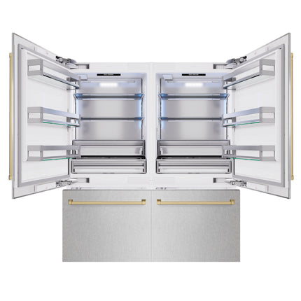 ZLINE Autograph Edition 72 in. 39.6 cu. ft. French Door Built-In Bottom Freezer Refrigerator with Water Dispensers and Ice Makers in Satin Stainless Steel and Champagne Bronze Accents (RBITZ-SN-72-CB)