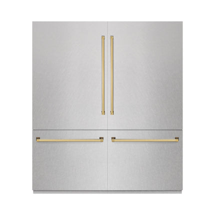 ZLINE Autograph Edition 72 in. 39.6 cu. ft. French Door Built-In Bottom Freezer Refrigerator with Water Dispensers and Ice Makers in Satin Stainless Steel and Polished Gold Accents (RBITZ-SN-72-G)