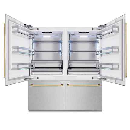 ZLINE Autograph Edition 72 in. 39.6 cu. ft. French Door Built-In Bottom Freezer Refrigerator with Water Dispensers and Ice Makers in Satin Stainless Steel and Polished Gold Accents (RBITZ-SN-72-G)