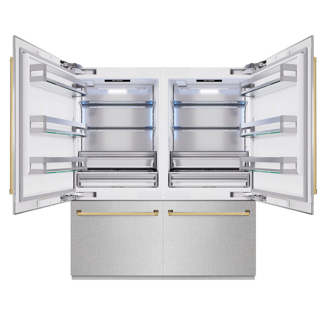 ZLINE Autograph Edition 72 in. 39.6 cu. ft. French Door Built-In Bottom Freezer Refrigerator with Water Dispensers and Ice Makers in Satin Stainless Steel and Polished Gold Accents (RBITZ-SN-72-G)