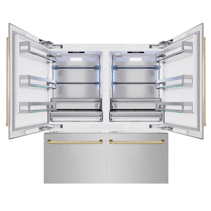 ZLINE Autograph Edition 72 in. 39.6 cu. ft. French Door Built-In Bottom Freezer Refrigerator with Water Dispensers and Ice Makers in Satin Stainless Steel and Polished Gold Accents (RBITZ-SN-72-G)